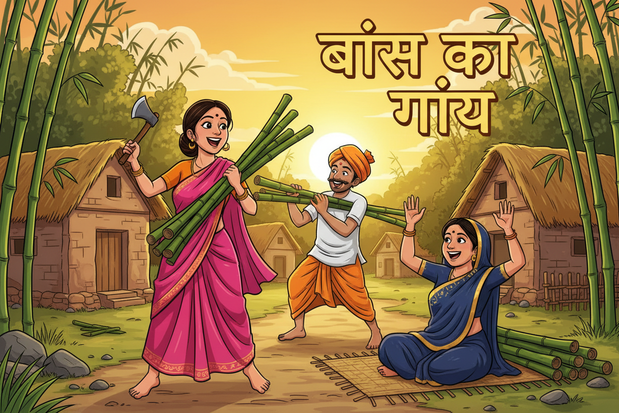 एक चमकदार, हाई-डेफिनिशन कार्टून-स्टाइल इलस्ट्रेशन बनाएं जिसमें एक भारतीय गाँव का दृश्य हो, जिसका शीर्षक ऊपर दाएँ कोने में बोल्ड हिंदी में "बांस का गांव" हो। दृश्य में तीन खुश ग्रामीण बांस की कटाई मना रहे हैं, जिनके चेहरे और पोज़ एक्सप्रेसिव और डायनामिक हों:

एक युवा महिला जो चमकदार गुलाबी साड़ी में है, जिसमें सुनहरी बॉर्डर है, वह मिट्टी के रास्ते पर नंगे पैर खड़ी है, एक हाथ में कुल्हाड़ी और दूसरे हाथ में बांस की छड़ियों का गुच्छा उठाए हुए है, और चौड़ी मुस्कान के साथ देख रही है।
एक बैठी हुई महिला जो गहरे नील