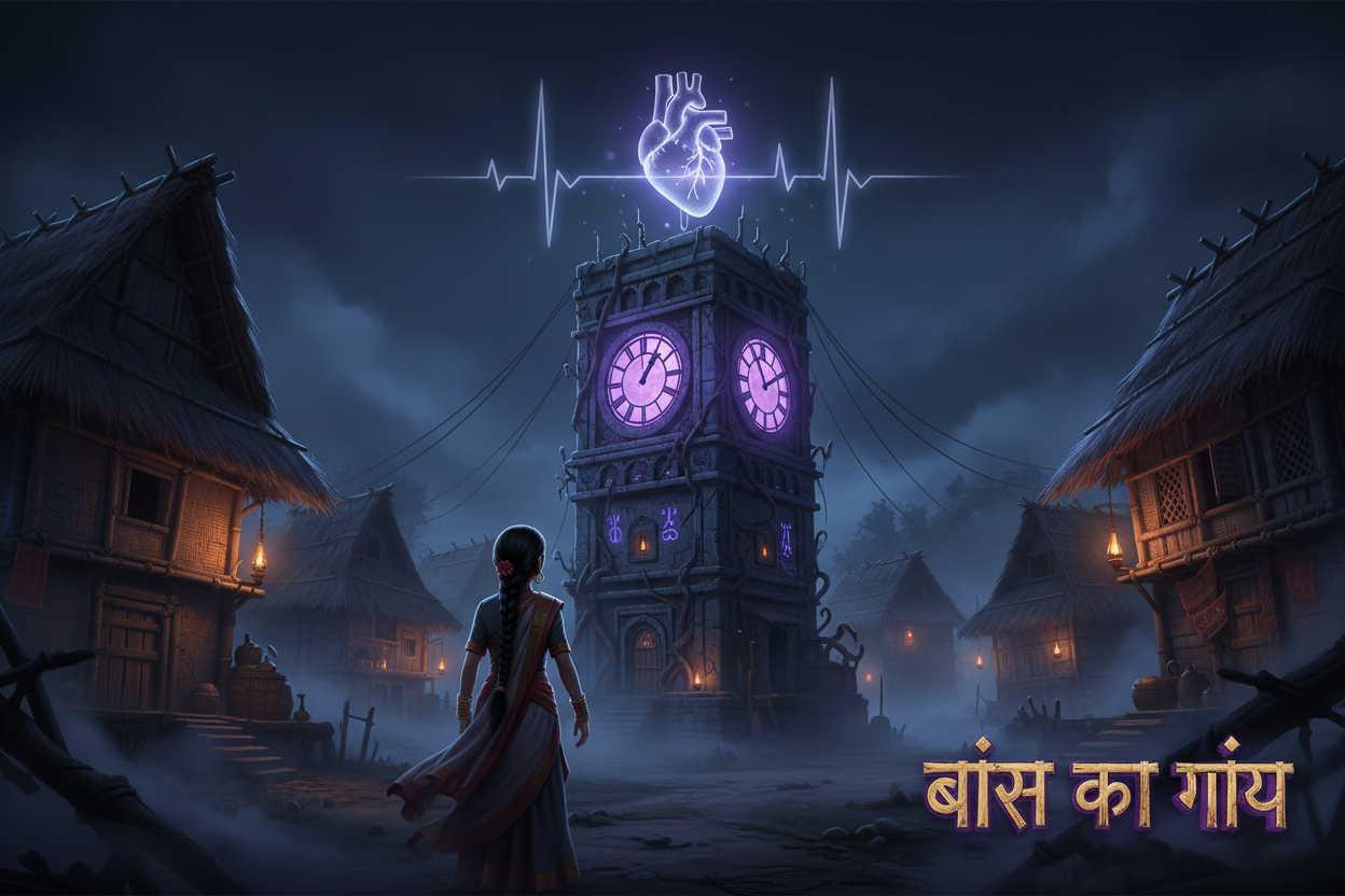 विधा: साइकोलॉजिकल थ्रिलर
सेटिंग: एक सुनसान गाँव जहाँ एक पुरानी घड़ी की मीनार है जो आधी रात को बजती है जब किसी की मौत होने वाली होती है।
कॉन्फ्लिक्ट: नायिका को पता चलता है कि घड़ी उसके लिए बज रही है, लेकिन वह ज़िंदा है। वह पता लगाती है कि घड़ी उनके परिवार के एक रहस्य को जानती है—एक ऐसा रहस्य जो उसे "मरने" देगा।
हुक: घड़ी की सुइयाँ उसके दिल की धड़कन के साथ ताल मिलाती हैं... और धीरे-धीरे रुक रही Generate a vibrant, high-definition 3D cartoon illustration of an Indian village scene titled "बांस का गांव" in bold