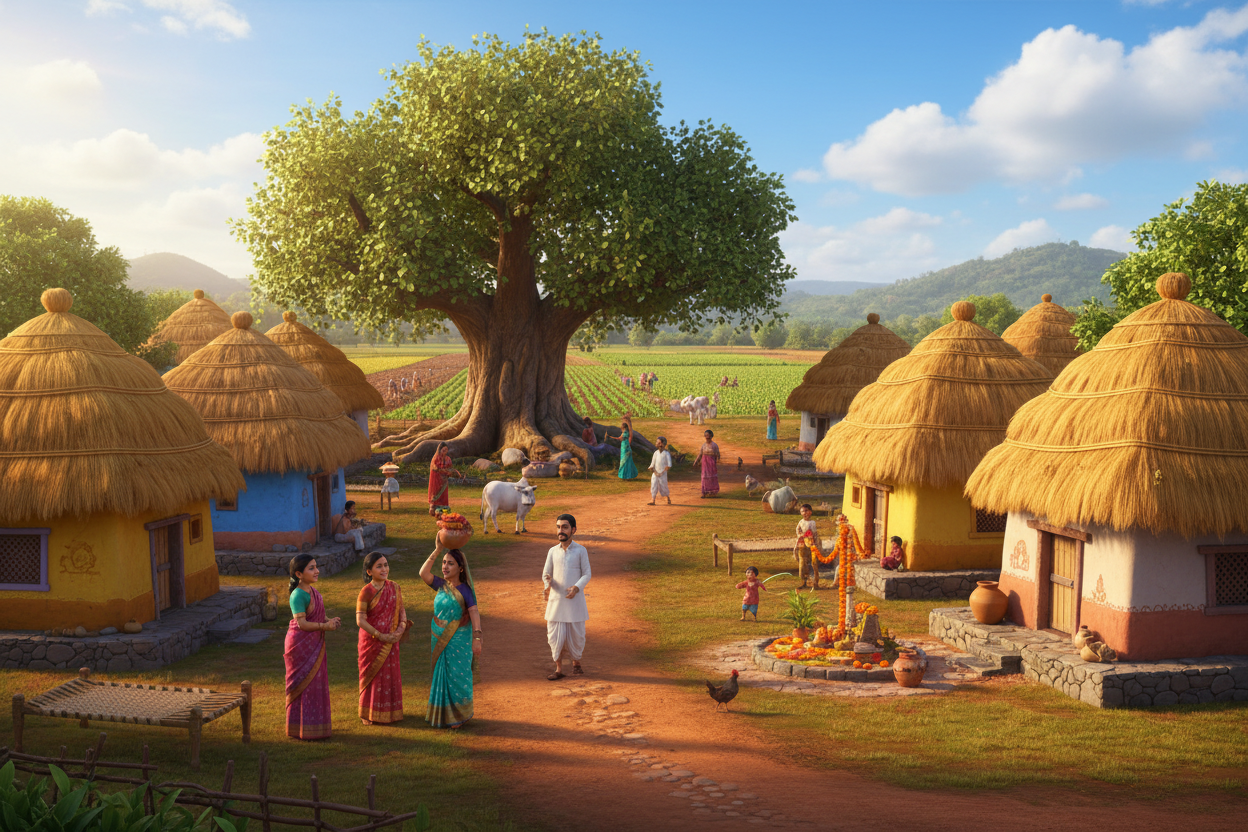 Generate a vibrant, high-definition 3D cartoon illustration of an Indian village scene titled