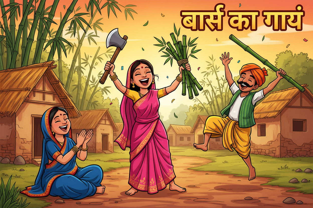 Generate a vibrant, high-definition cartoon-style illustration of an Indian village scene titled "बांस का गांव" in bold Hindi text at the top right. The scene depicts three joyful villagers celebrating a bamboo harvest with exaggerated expressions and dynamic poses:

A young woman in a bright pink sari with golden trim, standing barefoot on a dirt path, smiling widely while holding up an axe in one hand and a bundle of bamboo sticks in the other.
A seated woman in a deep blue sari with red and gold borders,
